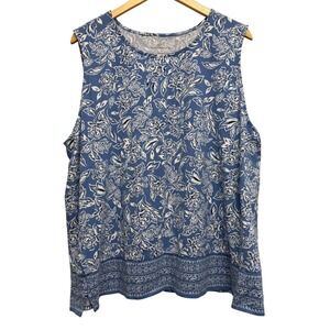 J Jill Luxe Supima Floral Tank Top Sleeveless Blue White Layering Blouse 3x Plus
